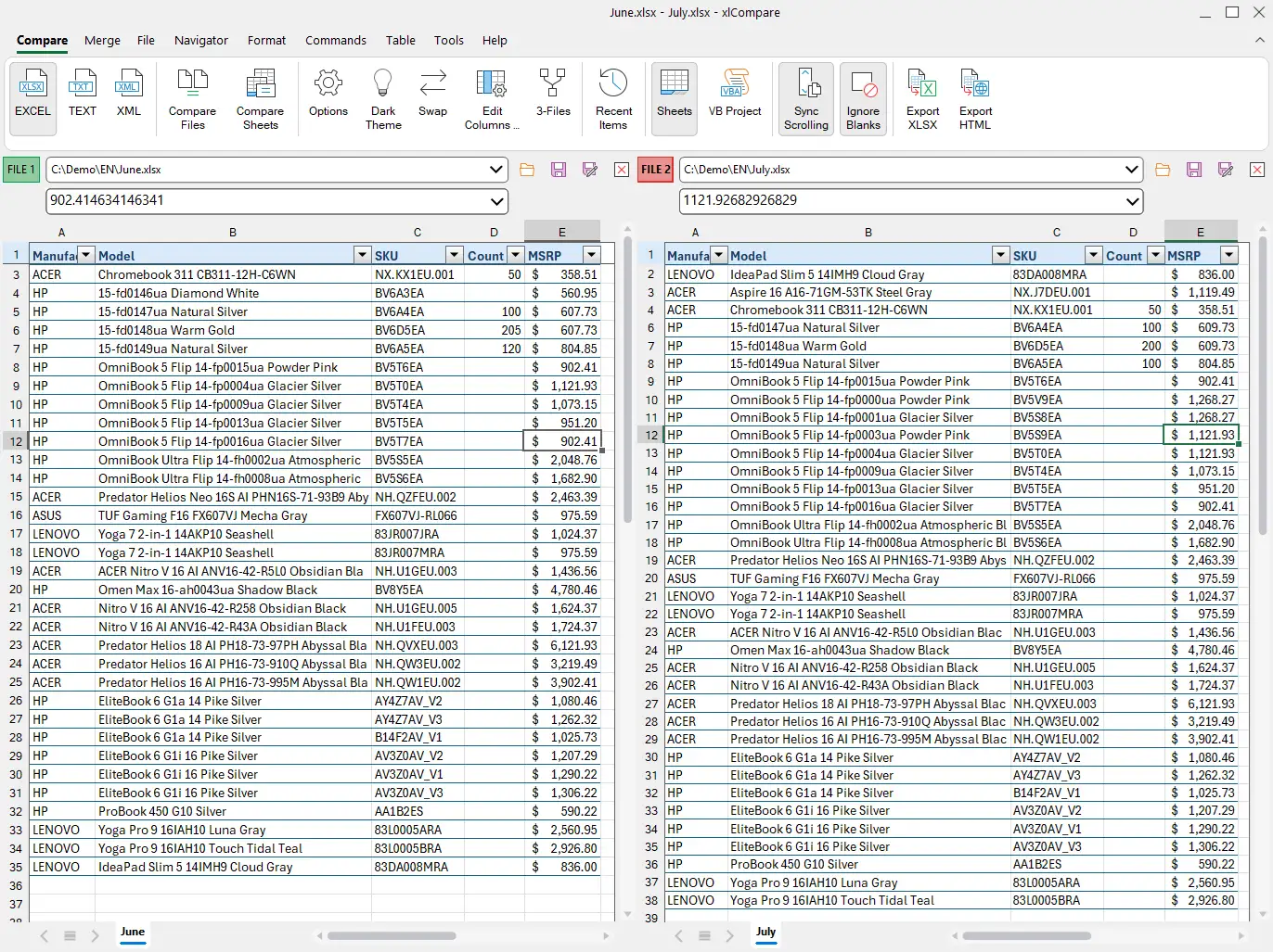 將兩個 XLSX 文件拖入 xlCompare