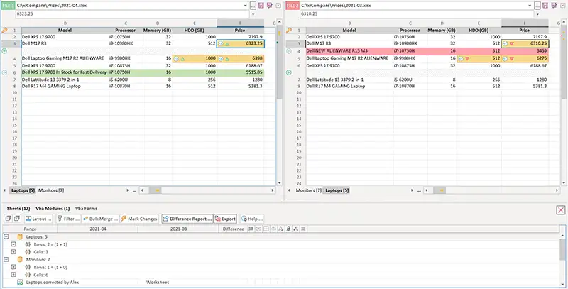 對比兩個 Excel 文件的差異——結果