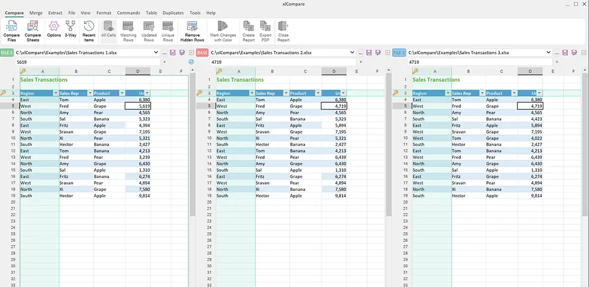 在 xlCompare 中打開的 3 個 Excel 文件