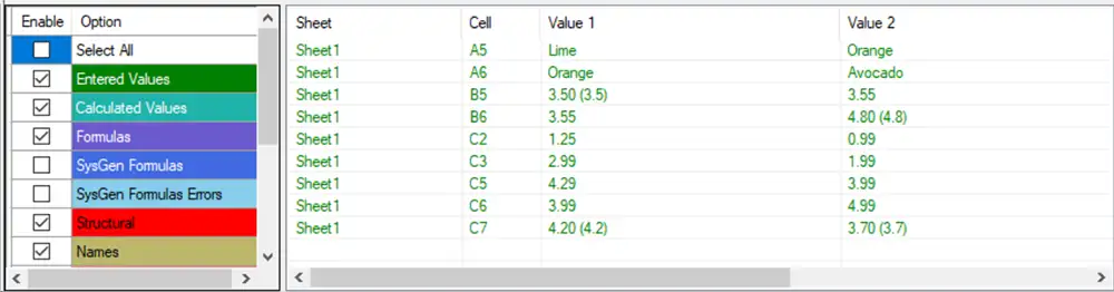 Spreadsheet Inquire 中的差異列表