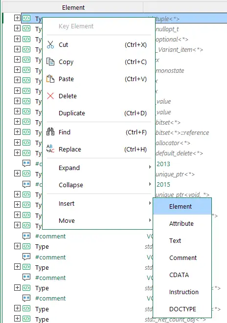 XML 編輯器中的右鍵菜單