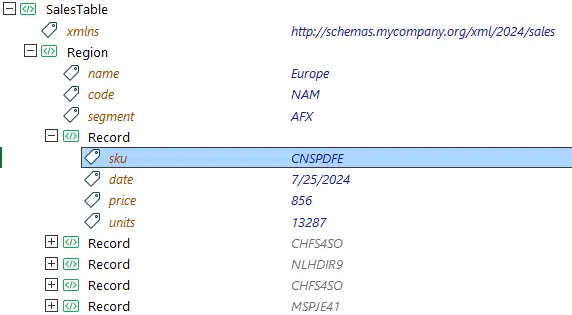 XML 文件中關鍵屬性的示例